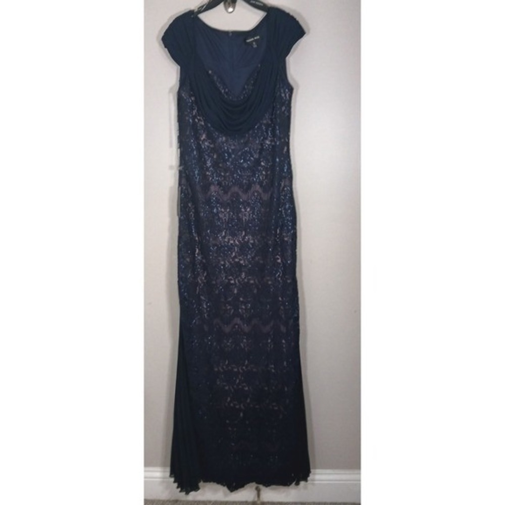 Tadashi Shoji NWT Navy Sequin Lace Off Shoulder Formal Evening Gown Dress 10